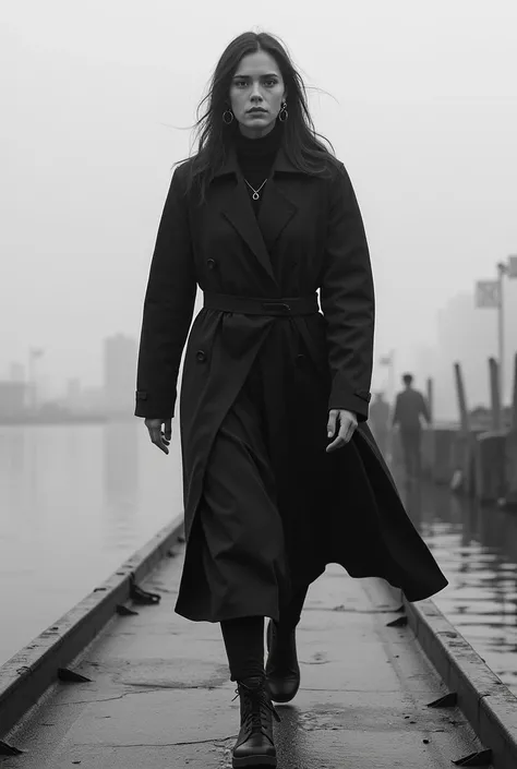 Create a black and white image. Medium angle close-up. A woman is walking on a float, facing the camera, is approaching.