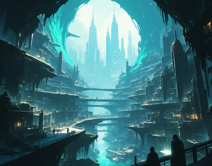 "An expansive underground city viewed from above, as if peering through a shimmering water surface. The water is calm and slightly reflective, creating a surreal portal-like effect. Beneath it lies a sprawling metropolis, with layers of towering skyscraper...