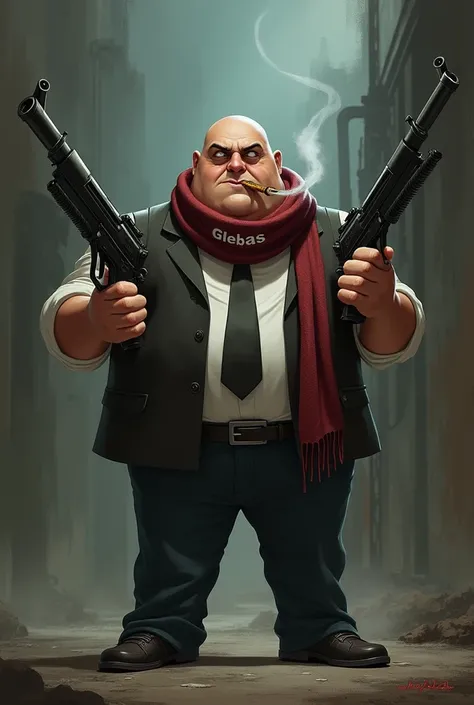 Make a picture of Gru out of Despicable Me with a cigarette in your teeth and machine guns in your hand and a scarf with Glebas written on it