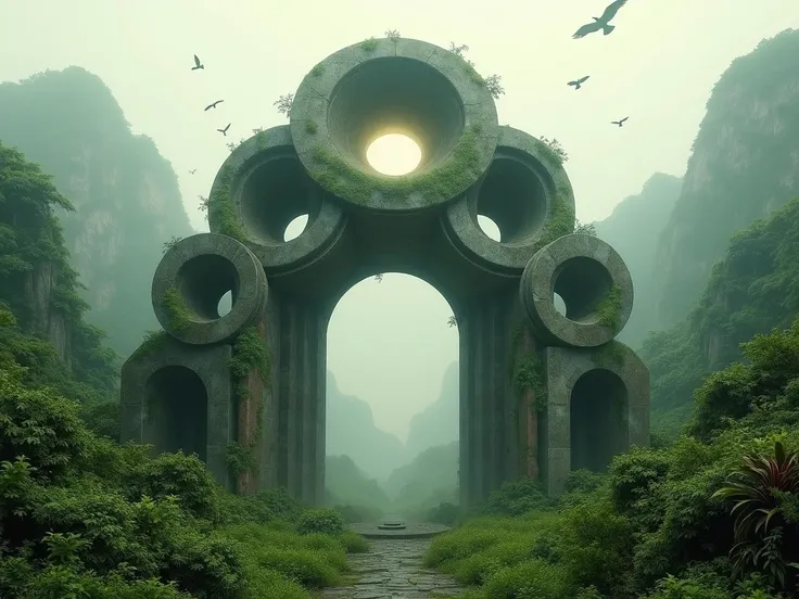 Ancient, overgrown jungle monument; stylized stone structure resembling large speakers, intertwined with abstract, organic forms;  serene, mysterious atmosphere; muted, earthy tones; lush, green foliage; mist-shrouded mountains form backdrop; soft, diffuse...