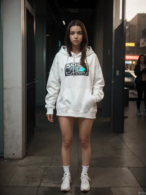 18 years old Italian girl, Glowing Bionic hands & legs wearing a White long hoodie & nora Sneakers. 
Standing pose, Towards Viewers. 
Extreme Detailed. Perfect Face, Masterpiece of Beautiful Creature. 
Low ISO, Extremely Low Light, Grainy Texture. 
Photo R...