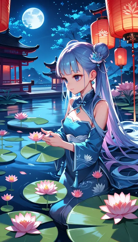  1 scene ， cartoon style ,  Chinese style，Oriental charm  ， Night Scene,The moon in the sky,Purple hue,starry night, Dreamy Ambience ,Lotus Pond,, Two or three lotus flowers are in full bloom，Close shot ， is like a cartoon game interface background