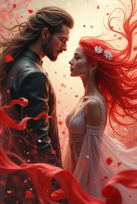 pair android mechanical blong hair woman and a human slavic brown hair man in an blooming ribbons tempest, with swirling plates and elemental particles. feature swirling wavers breaking into red flowers particles with white energy wisps, highly detailed, e...