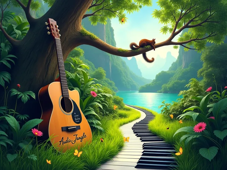 Surreal landscape; a winding path of piano keys covered in vibrant green grass, leading through a lush, tropical forest.  A large acoustic guitar, dark brown and black, is partially shown in the foreground, nestled within the foliage, with the words "AUDIO...