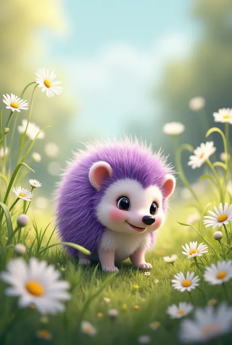 Sweet purple hedgehog in a meadow with daisies