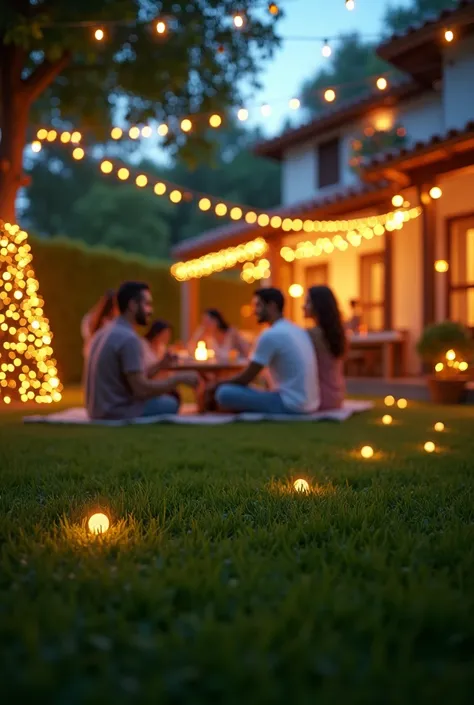 An illuminated garden with Christmas decorations,  perfectly manicured lawn and a family enjoying themselves in the background. Include subtly . Latin family, in summer.