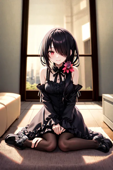 1 Girl,  unique , Kneel down,  constellation, 
cckurumi,  long hair, Low double ponytail, Hair Flower,  hair covering one eye, Hairpin, Gothic,  Black Dress , ribbon, pantyhose, 
slippers, 
Sitting,  Smile,  watching the audience, 
Lean forward, 
Indoors, ...