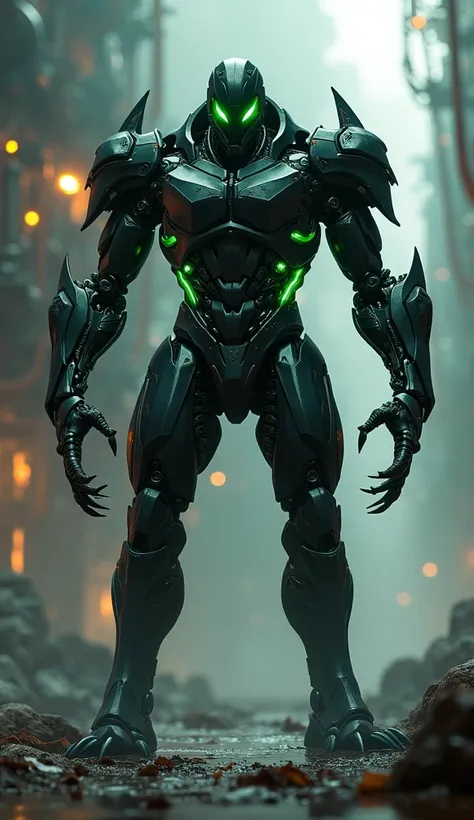 "Create a biomechanical villain with venomous traits, blending robotic exoskeletons, sleek black armor, and neon green glowing eyes for an intimidating presence."