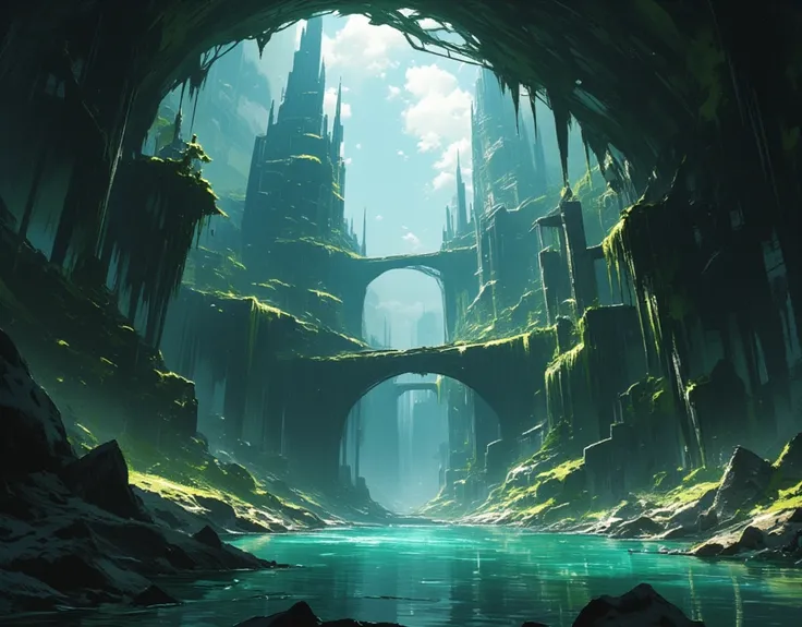 "An ancient, abandoned underground city revealed beneath a still, glassy water surface. As the water fades away, the ruins of a once-grand metropolis come into view, stretching endlessly downward. Towering stone skyscrapers and crumbling structures are coa...