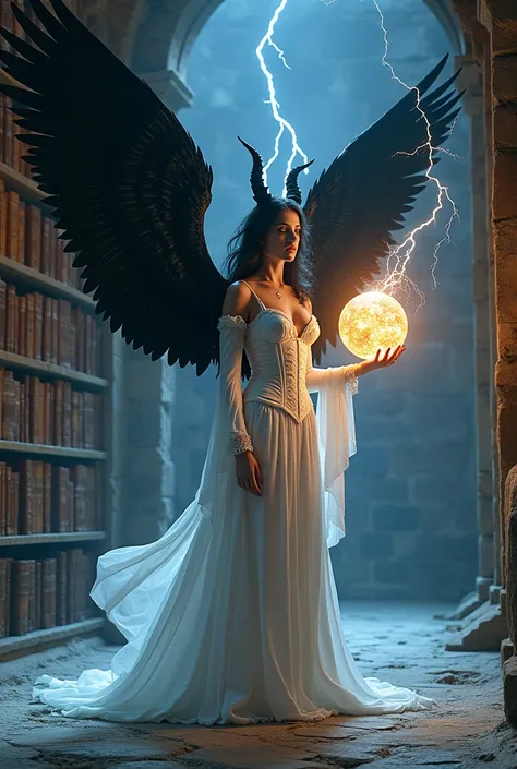 Lilith stands in a **hidden chamber** within a vast, ancient library. The chambers walls are lined with towering shelves filled with **weathered, leather-bound tomes**, their spines etched with intricate, glowing runes. Faint bluish light emanates from the...