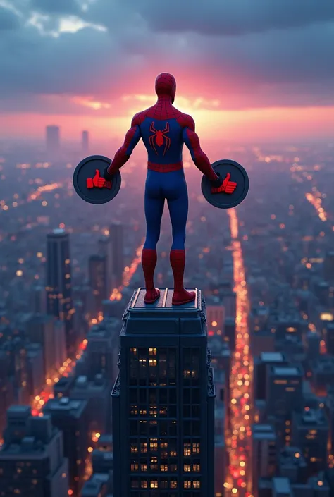 On top of a tall city building at sunset, Spider-Man stands heroically, holding a giant "Like" button in one hand and a "Follow" button in the other. , contrasting against the deep blue of the evening sky. The urban landscape stretches out behind him, with...