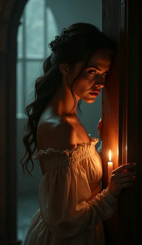 A dimly lit confessional booth where a breathtaking woman, draped in a nearly sheer, flowing medieval gown, leans close to the screen. Her lips curve into a mischievous smile as she whispers her "sins," her bare shoulder catching the faint glow of candleli...