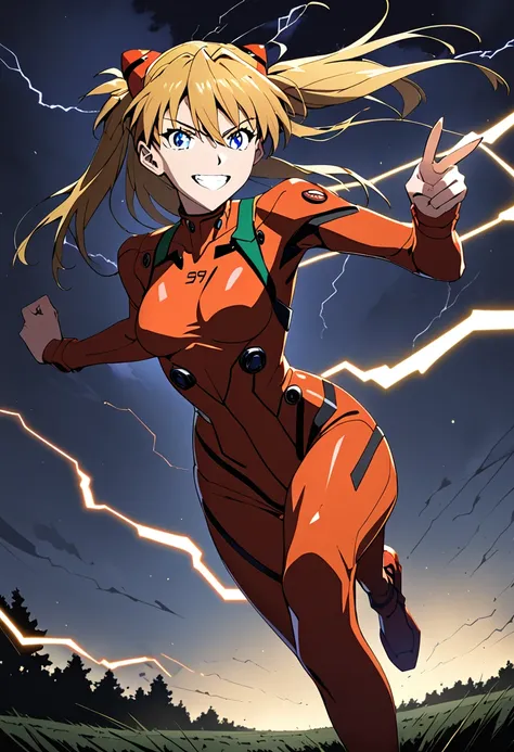 1girl, solo, souryuu asuka langley, long hair, blonde hair, blue eyes, hairpods, bodysuit, grin, v, field, night, lightning, wind, forest, running, best quality, amazing quality, very aesthetic