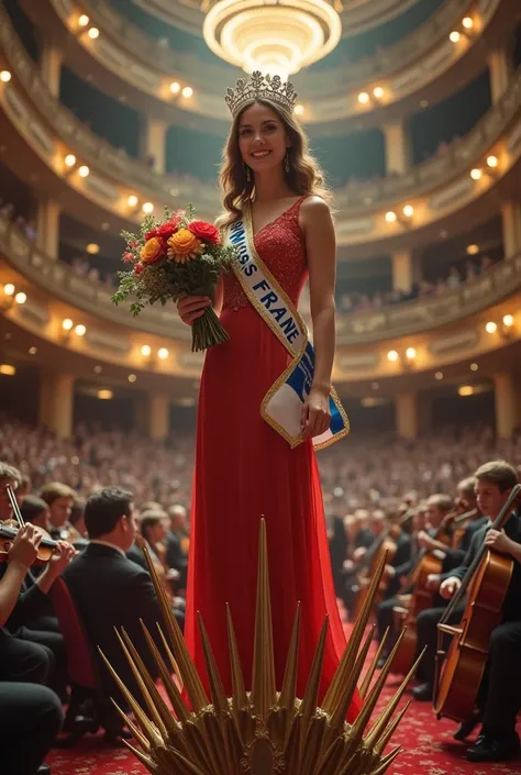 Manon en miss France avec une couronne et un bouquet de fleurs sur magyar à pointes dans une grande salle de concert entourée de musiciens 