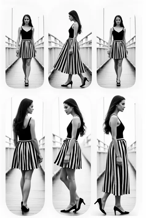 Black and white images create a storyboard. A woman in a dress is looking at the camera, walking across the bridge, looking at the camera from an angle, seeing only the front to the chest, black and white stripes.