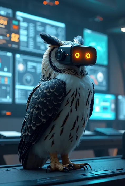 An owl wearing virtual reality goggles, sitting in a high-tech command center surrounded by floating holographic screens."