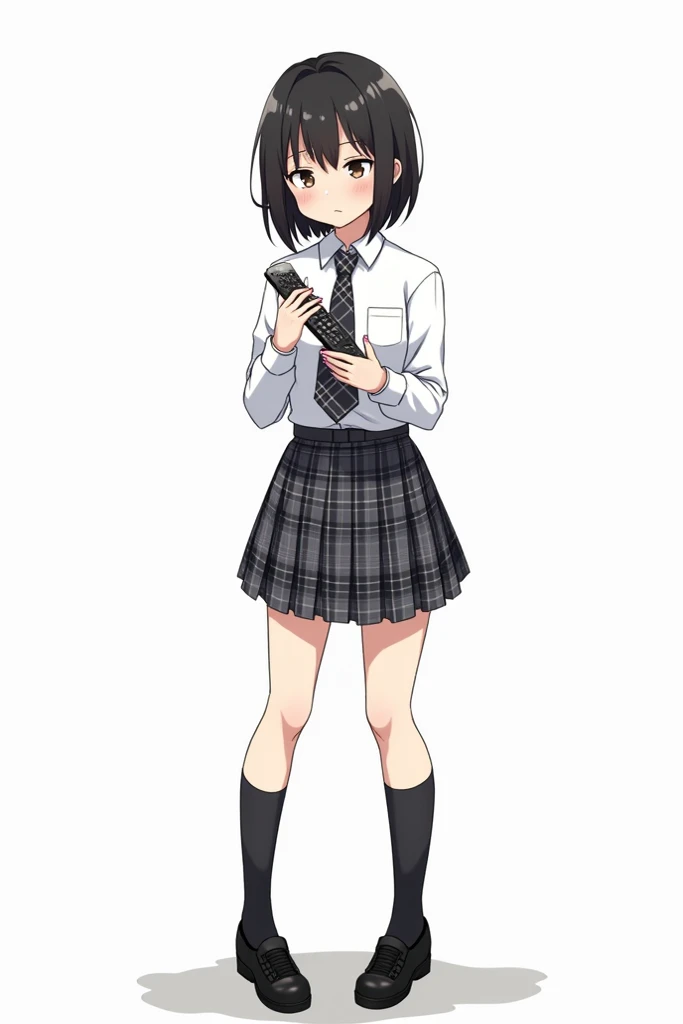 Teenage woman with black and short hair and with white anime watch and pink nails with white long-sleeved shirt and plaid Scottish tie in dark gray and white and pleated plaid skirt in combination of dark gray and white colors, following a uniform pattern ...