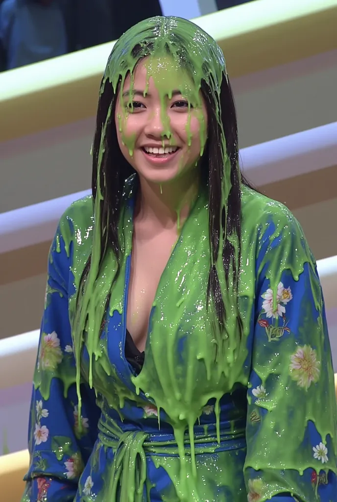 film photograph of japanese girl covered in green slime. photorealistic. glistening liquid. green slime. raw japanese model. jap...