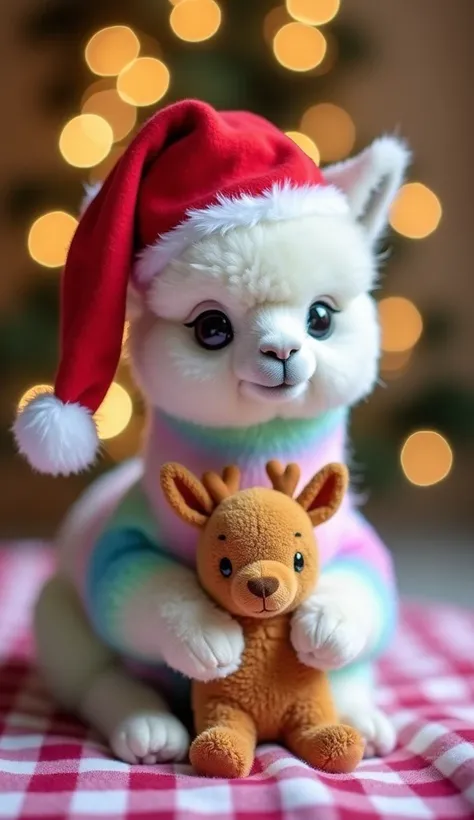 A realistic image of a baby alpaca with soft pastel rainbow-colored fur, blending shades of pink, blue, green, and white. The alpaca is sitting upright on a cozy pink-and-white plaid blanket, gently nuzzling a small reindeer plush toy. It is wearing a red ...