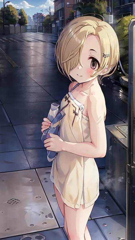 masterpiece,  best quality,  high definition ,  Very detailed,(((Shirasaka Koume))), ((( 1 girl))), (((solo))), (((Blonde))), (((Brown Hair))), ((( short hair))), ((( hair covering one eye ))), (((Around town))), (((Daytime))), ((( standing))), (((Against ...