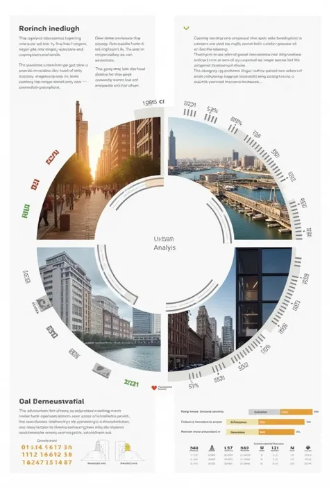 Create a sheet with information from urban analysis architecture using 4 images in the form of a horizontal circle 