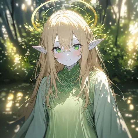  a girl,  Hair between eyes ,  Hair Tie,  Pointy ears,  depth of field, halo, Backlighting, impressionism,  masterpiece,  Best Quality , blush,  looking at the viewer, Cabello long, blonde hair,  Hair in front of the ears,  Light smile,  green eyes,  white...