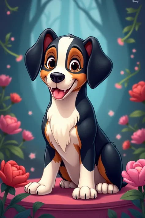 réalise moi une affiche disney où figure le titre Abby, avec un chien de la race bouldogue continental noire et blanche et les sourcils marrons 