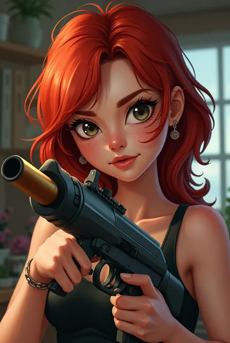 Cute ,sexy , woman with freckles  , red hair  , dark eyes  , big eyelashes  ,  holding kalashnik , animated  , drawn