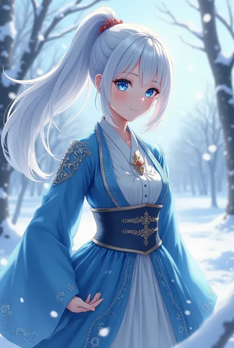 Japanese style anime, noble teenager, with blue as a glacial eyes, and white ponytail hair, wearing a party medieval clothes, in a winter scenary  Full body