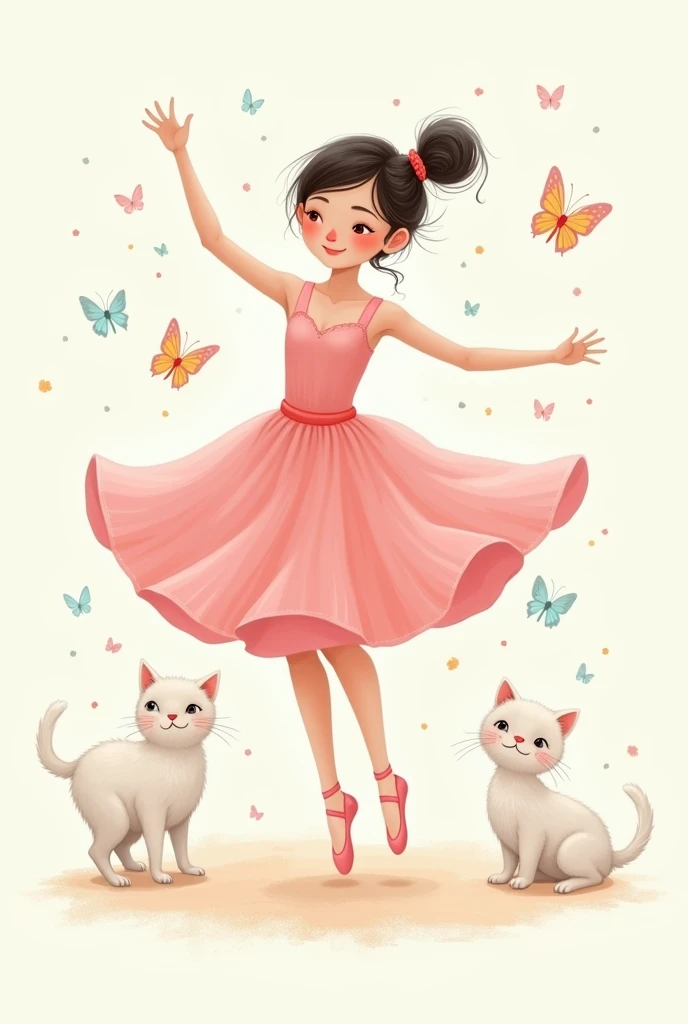 Cute girl in a pink dress, a ballerina dancing with a white cat and a butterfly, in a hand-drawn cartoon style for rens room decoration.


