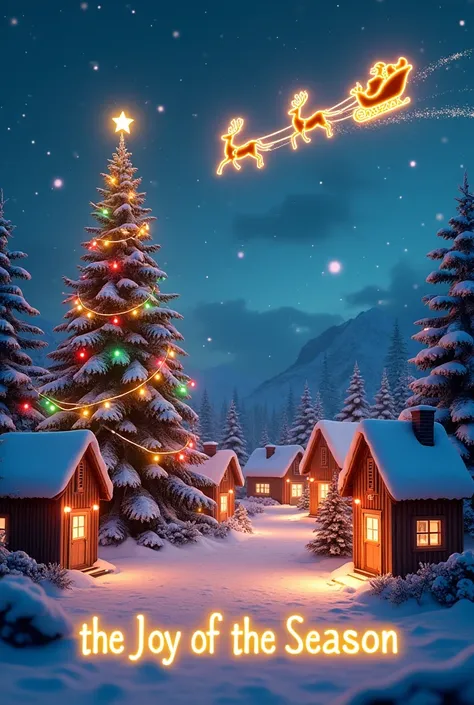 Design a snowy village scene with a magical Christmas atmosphere. The scene should feature several small houses with realistic architecture, all decorated with colorful neon lights outlining their roofs, windows, and doors. Each house should emit a warm gl...