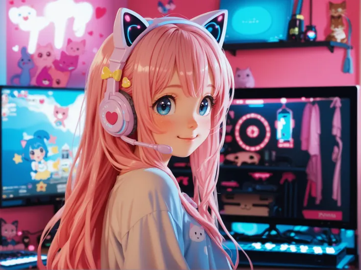  long ash pink hair ,  blue eyes ,  girl,  happy ,  smaller, cute, Big shirt,  b cute pink gaming room,  cute pink computer , pink display 、 cute gaming , cuterGB light ,  cute pink cat ear headphones ,  cute computer pink bacground　 cute pink and white cu...