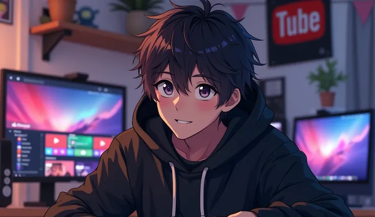 creating for character:- "Create a anime boy who have a  mature looking like a man facing in front  he is a  YouTube content creator, sitting in his studio with futuristic gadgets, and there is mic near him ,wearing black hoodie, smiling, and there is 2 po...