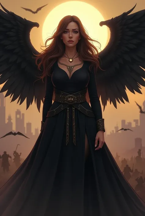 A woman adeptus astartes from the Legion of the Masters of the Night ,  long brown hair , voluptuous, with two black wings behind her ,  is on a battlefield watching the stage sadly,  Animated Style ,  animated, 