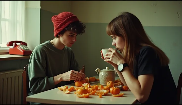 young guy face in fleece short hair red beanie corduroy hat beard sits in the kitchen peeling tangerines, next to him is a polka dot teapot and cups , the phone is old with a disc next to it, the Russian girl cant be seen sitting with her back to the frame...