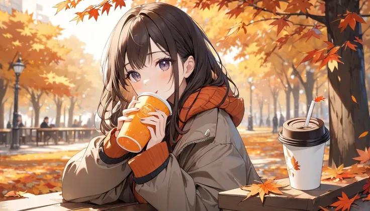  best quality,Drink a drink from a paper cup, girl,autumn leaves