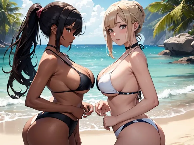 JK two 、 sexy looking 、One is a dark-haired girl with a ponytail 、Clear、 and the other is a dark-skinned blonde gal、bikini、Pussy、Big Breasts、Big Butt、Nipples、Look forward