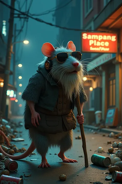 an old rat with a long beard wearing sunglasses. wearing headphones in his ears. walking hunched over using a wooden stick. on the side of the road. it looks real and genuine. the image quality is sharp and detailed. the background is nighttime. on the sid...