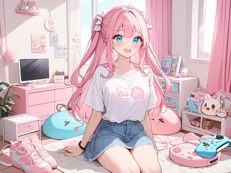  long ash pink hair ,  blue eyes ,  girl,  happy ,  smaller, cute, Big shirt, cuteピンクコンピューター, pink display 、cuteゲーミング, cuteRGBライト, cuteピンクヘッドホン, cuteコンピューター ピンクbacground　 cute pink and white cute room 　cute pink gaming device