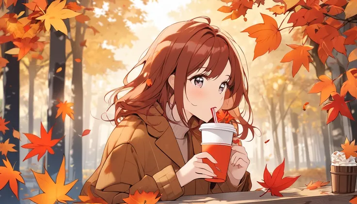  best quality,Drink a drink from a paper cup, girl,autumn leaves