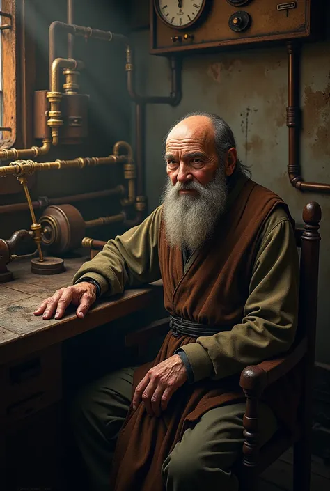  First meeting with Kamaya**
   - ** prompt **: "A wise and ancient boiler man, his face etched with years of experience. He sits in his boiler room, surrounded by intricate machinery, radiating a sense of calm and wisdom."
