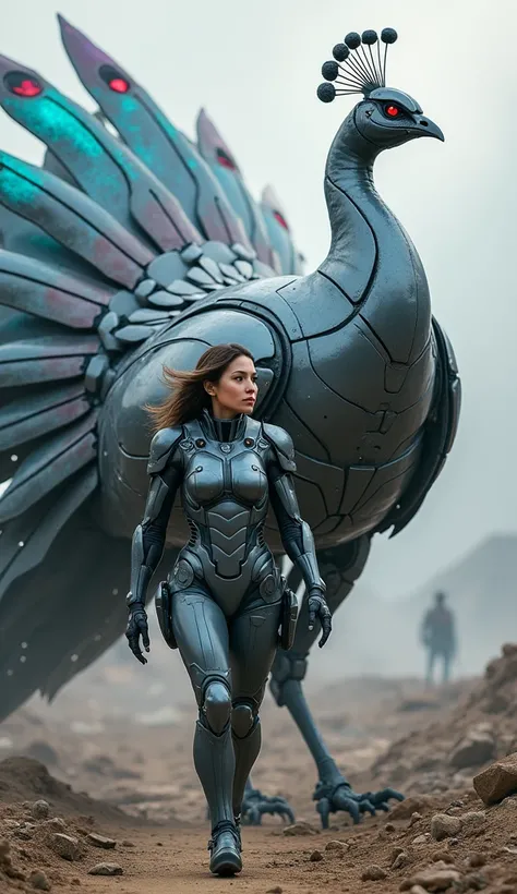 A female soldier in advanced military armor, walking confidently across a war-torn battlefield. She is followed by a massive, futuristic robotic gray peacock. The birds body is sleek and metallic, with smooth, gunmetal-gray armor plating and subtle mechani...