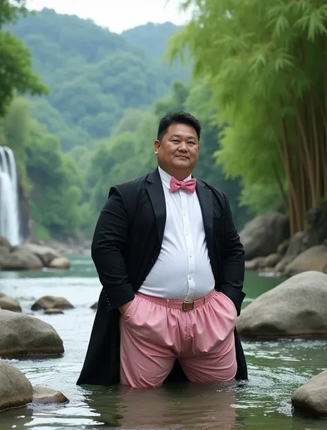  Photography of a 30 year old Asian handsome man with a round face and chubby body, bloated stomach, very short black hair,  wears white shirt, black coat,  pink bow tie and sagging pink shorts ,  crouching in clear river water , there are rocks ,  on a lu...