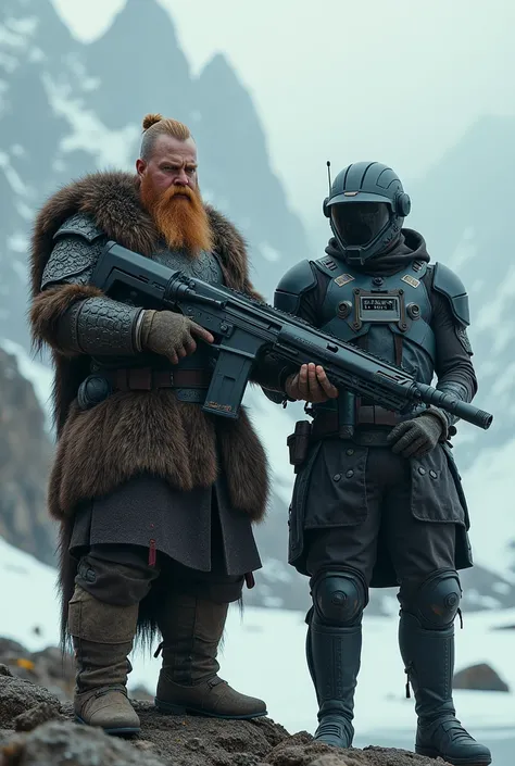  Viking aiming with a futuristic machine gun, with a soldier from the future