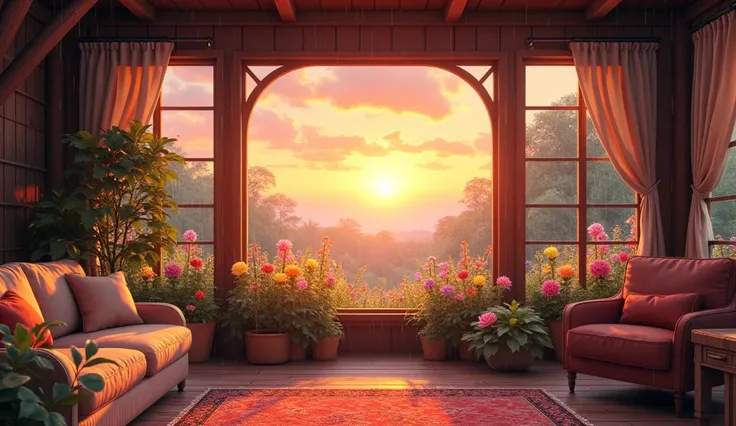 Interior of a cabin with a flower garden raining in the middle of the sunset