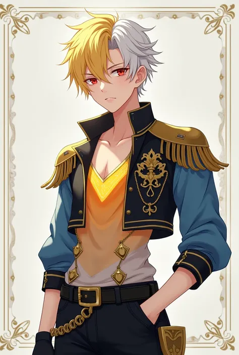 A quiet anime young man with sharp red eyes represents a combination of yellow and white hair.  ,  has fair skin and wears all the fictional clothes that are cold orange, very pale and golden in the color of the skin. This is beautiful and luxurious, like ...