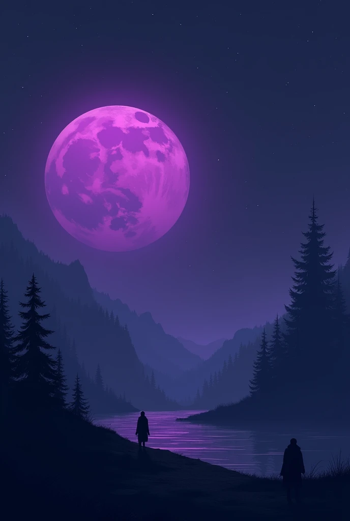 The photo has a big purple moon on the left, and the right side is blank, art style: minimalist fantasy art, dark fantasy illustration. Size: 940 px x 788 px