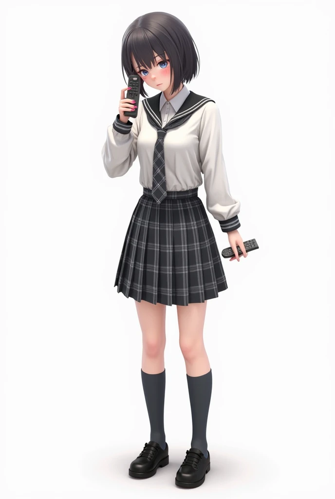 Teenage woman with black and short hair and with white anime watch and pink nails with white long-sleeved shirt and plaid Scottish tie in dark gray and white and pleated plaid skirt in combination of dark gray and white colors, following a uniform pattern ...