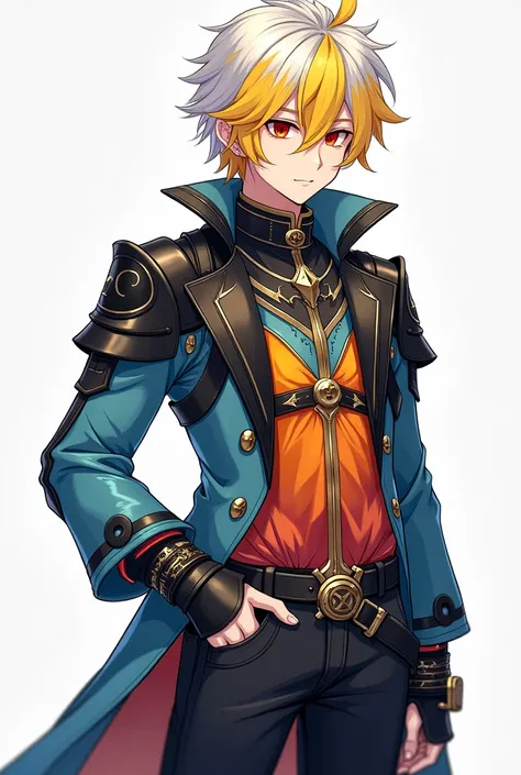 A quiet anime young man with sharp red eyes represents a combination of yellow and white hair.  , He has fair skin and wears all the fantasy clothes, which are cold orange, very light, and golden in skin, beautiful and luxurious, such as the clothes of nob...