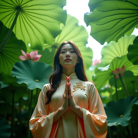 low angle photo,looking at viewer,A woman stands under a very large lotus grove., Cheongsam dress,long hair,shinny,soft shadow,, realistic, good lighting, professional Photography, Photorealistic, detailed, RAW, analog, sharp focus, 8k, HD, DSLR, high qual...